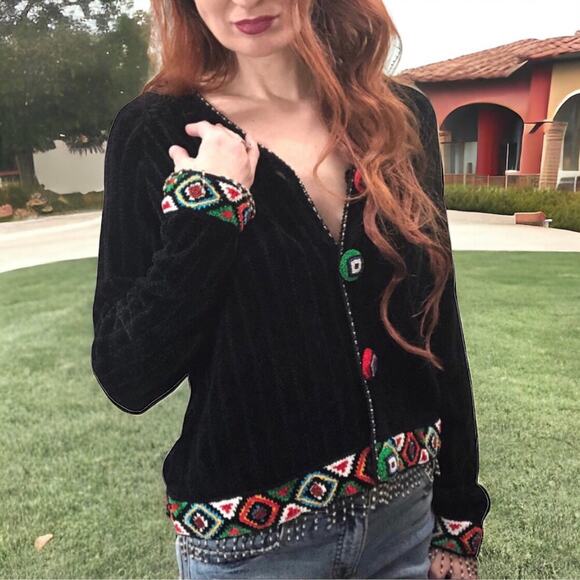 Berek Takako Sakon Beaded Chenille Cardigan Sweater M Boho Southwestern Tassel - Picture 1 of 16